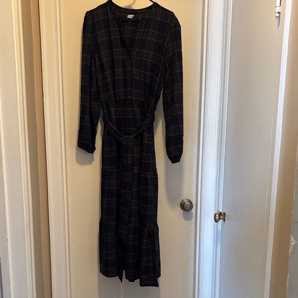 Lands' End Dark Plaid Long Sleeve Dress